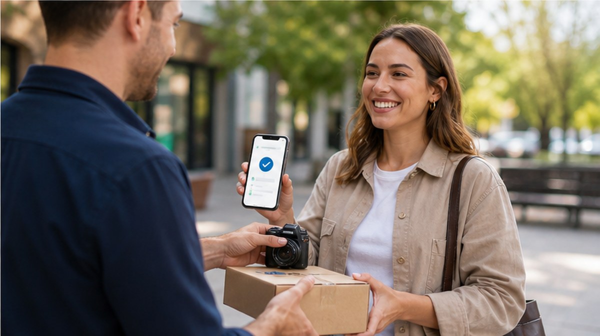 Acheteur et vendeur validant une remise avec le code de confirmation 123Vendu