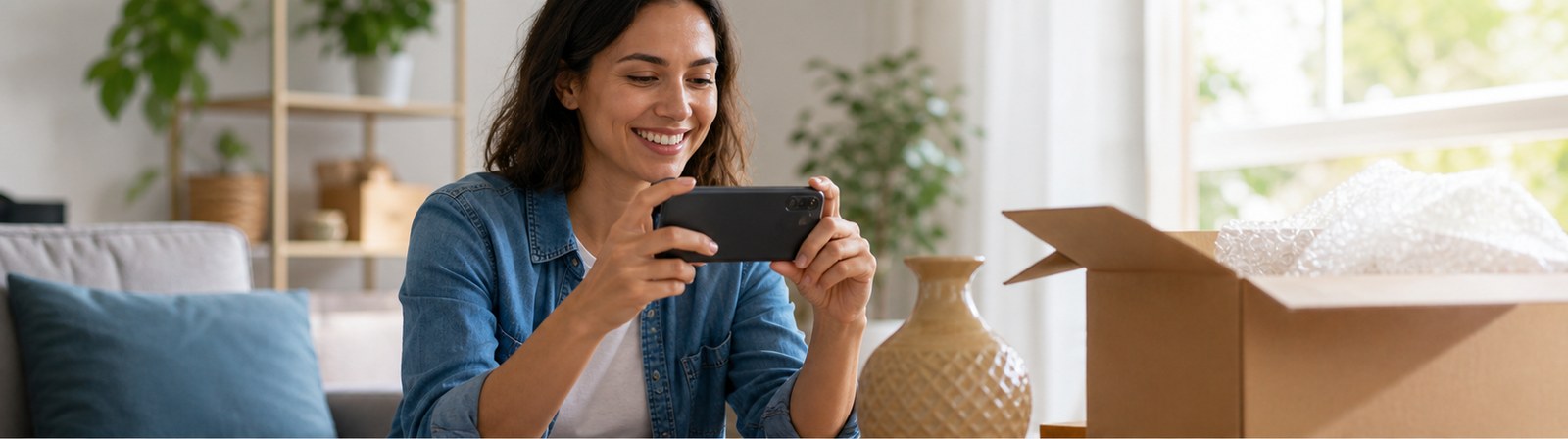 Particulière souriante qui photographie un objet à vendre sur 123Vendu